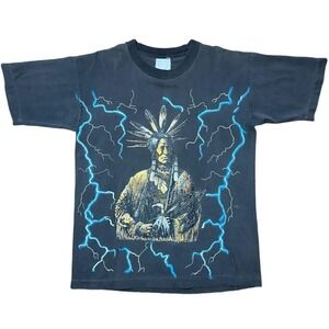 Vintage 90s Lightning Bolt Aboriginal Native Chief Thunder T-Shirt Large 21.5x28